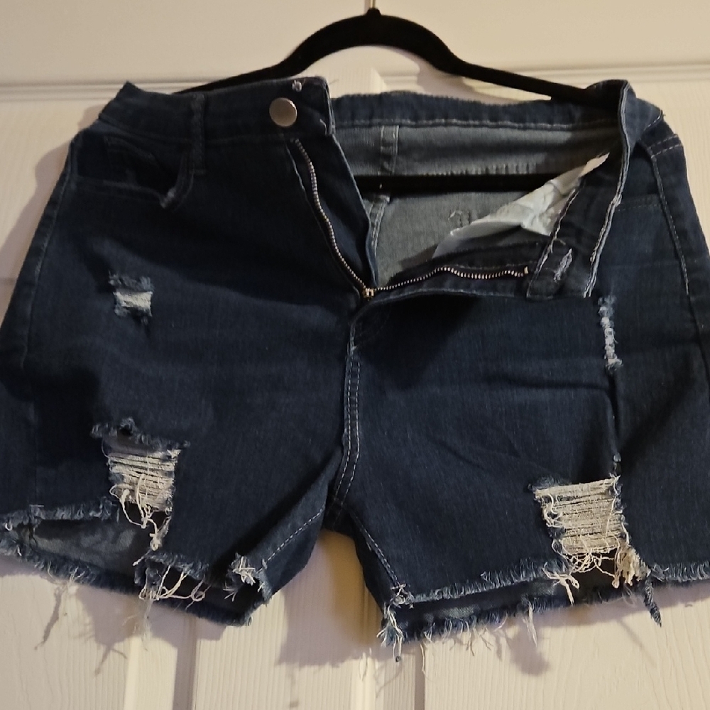 Blue Distressed Jean Shorts with Raw Hem